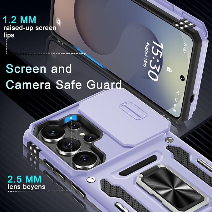 DEERLAMN Case for Samsung Galaxy S26 Ultra 6.9-Inch with Slide Camera Cover+Screen Protector(1 Pack), Rotated Ring Kickstand Military Grade Shockproof Protective Cover-Light Purple