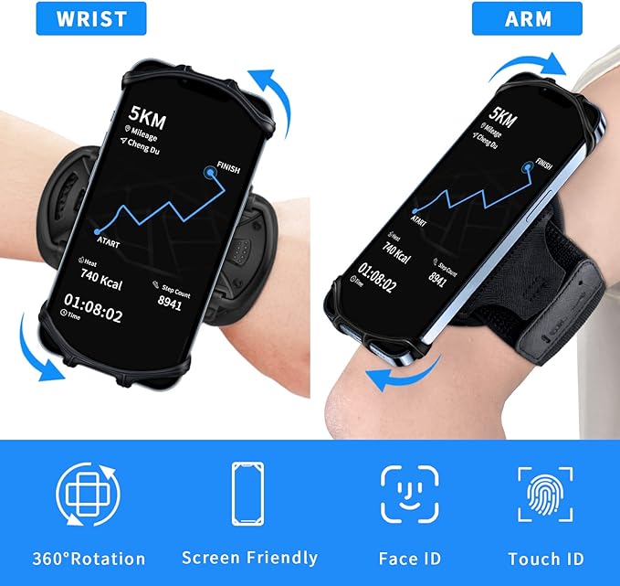 Running Phone Holder Armband for Phone, Detachable & 360°Rotated Sports Armband with Key Pocket for iPhone 17/16/15/14/13 Pro/12 Pro/XS/XR/8/7/6s Plus, for Samsung Galaxy 4''-6.5'' Cellphone