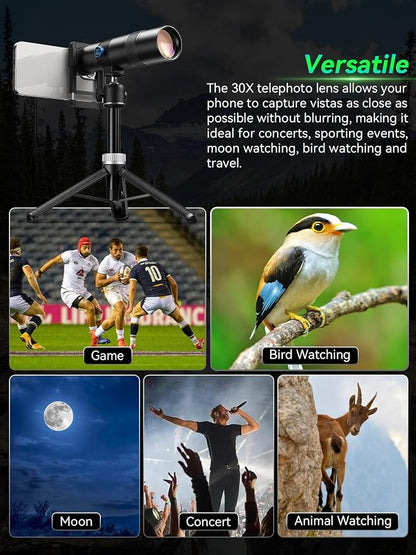 APEXEL 30x Telephoto Lens - Enhanced Version for iPhone 16 15 14 13 pro max, Samsung, Pixel | Professional Upgraded External Camera Photography Attachment with Tripod
