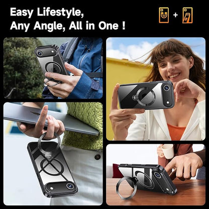 [Tri-Shield Protection] for iPhone Air Case with 360° Spin Stand Compatible with MagSafe [Magnetic CD Ring] [Screen & Camera Lens Protector] Shockproof Plating Never-Yellowing, Black-6.5"