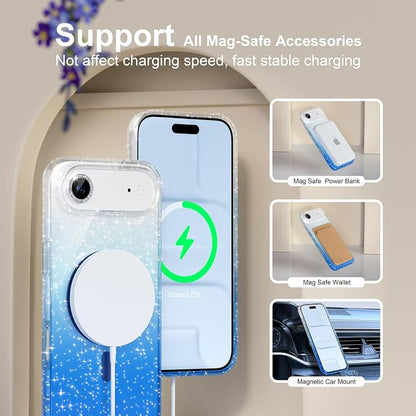 Choiche Magnetic for iPhone 17 Air Case Compatible with MagSafe, Women Cute Glitter Sparkly Phone Case with Diamond Camera Lens Protectors, Military-Grade Drop Protection 6.5" (Clear/Blue)