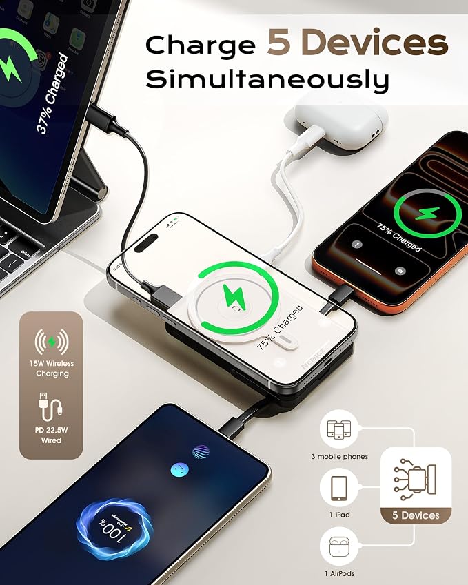 for Magsafe Portable Charger, 10000mAh Power Bank, Creamy White | PD 22.5W Fast Charging with USB-C Cable, Foldable Stand, Magnetic Wireless Charger for iPhone 17/16/15/14/13/12 Series