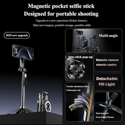Magsafes Tripod Stand for iPhone,4 in 1 Multifunctional Magnetic Selfie Stick,360° Rotation Phone Tripod with Wireless Remote for iPhone & Android,for Cell Phone Video Recording Travel (Black)