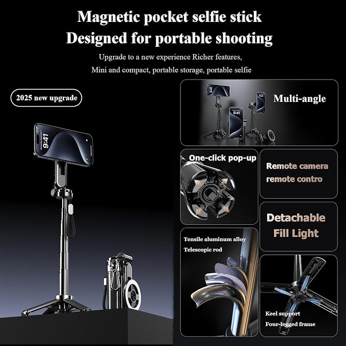 Magnetic Pocket Selfie Stick, 4-in-1 Magnetic Selfie Stick for iPhone with Rechargeable Remote, Portable Extendable Tripod Stand for Home, Travel, Vlogging & Video Recording (Black)