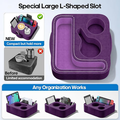 Couch Cup Holder Pillow, Sofa and Bed Caddy for iPad, Kindle, Switch, Game Controller, Remotes, Phones, Small-Sized Cup & Drink Holder for Couch, Bed, Desk, Car, Beach, Bathroom Cup Holder Purple