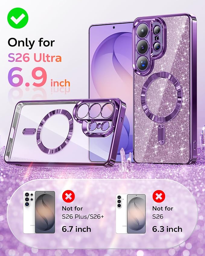 Meifigno Magnetic Case Designed for Samsung Galaxy S26 Ultra 6.9", [Compatible with MagSafe] [Removable Glitter Card & Wrist Strap], Surround Lens Protection Case for Galaxy S26 Ultra, Cobalt Violet