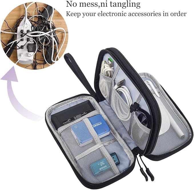 CAAORDKSO Electronics Organizer Travel Bag, Small Cable Organizer Case Waterproof Accessories Pouch, Travel Electronic Carrying Case for Cord, Charger, Phone, USB, Power Bank, Earphone (Black, Medium)