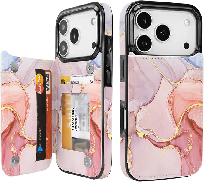 uCOLOR for iPhone 17 Pro Wallet Case with Card Holder PU Leather RFID Blocking Design iPhone 17 Pro flip case for Women Men Magnetic Clasp Kickstand Design 6.3 inch (Pink Purple Marble)