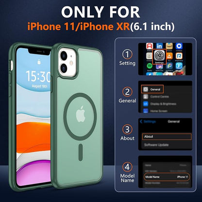 Pilaru for iPhone 11 Case & iPhone XR Case [Compatible with Magsafe] Translucent Matte Magnetic Case with Screen Protector,SlimThin Shockproof Protective Cover for iPhone 11 & iPhone XR-Dark Green