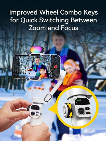 AOCHUAN Gimbal Stabilizer for iPhone w/RGB Magnetic Fill Light, Foldable Gimbal w/7.8' Extension Rod & OLED Display for Vlogging & Filmmaking, Compatible with iPhone 16/15 Pro Max-Smart X2 Kit White