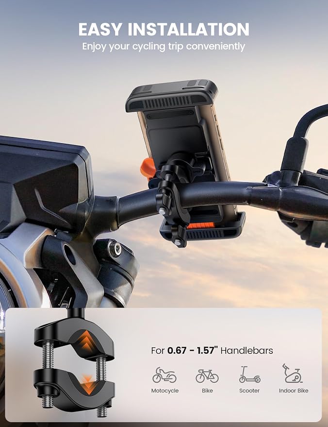 Lamicall Bike Motorcycle Phone Mount - [1s Quick Lock] Bike Cell Phone Holder Clip, Bicycle Scooter Handlebar Clamp, for iPhone 17 16 15 Pro Max, Galaxy S25 S24 Ultra, 6-7.2" Phones, Orange