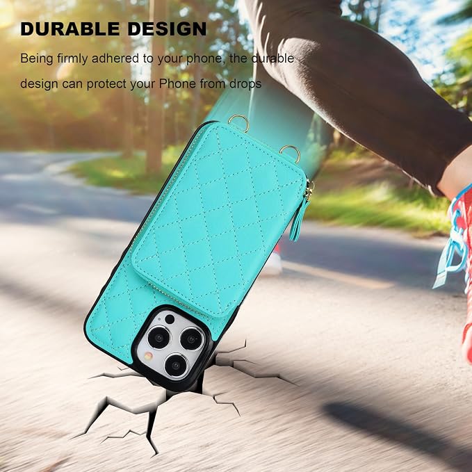 Bocasal Crossbody Wallet Case for iPhone 15 Pro Max, RFID Blocking PU Leather Zipper Handbag Purse Flip Cover, Kickstand Folio Case with Card Slots Holder Wrist Strap Lanyard 5G 6.7 Inch (Mint Green)