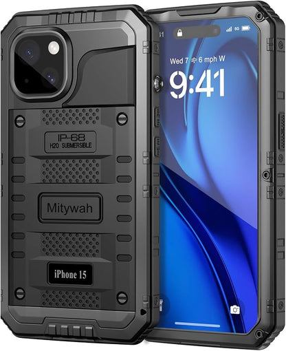 Mitywah Waterproof Case for iPhone 15, Heavy Duty Shockproof Case with Built-in Screen Protector, Full Body Underwater Protective Metal Case 6.1 inch, Black