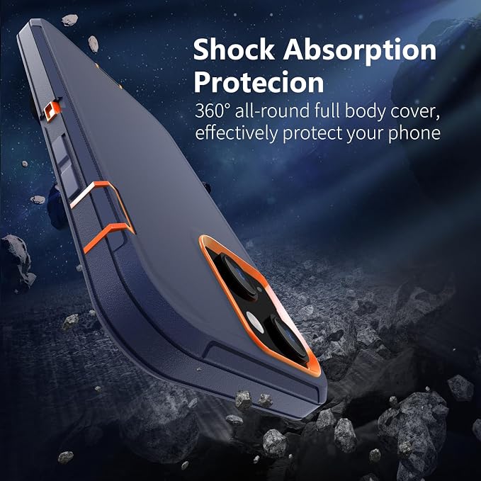 Sansunto for iPhone 16e Case, Protective Cover for 13, 14, 15, 16E 6.1", Heavy Duty Shockproof Drop Proof 3 in 1 Cover, Rugged Hybrid Durable Phone Cases for Men & Women (Indigo/Orange)