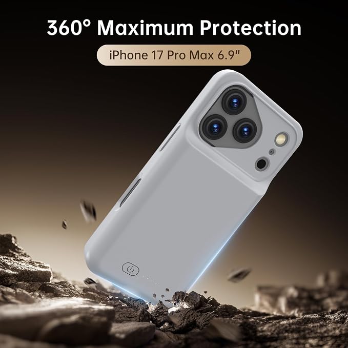 GIN FOXI Battery Case for iPhone 17 Pro Max, Charging Case Charger 8500mAh Ultra-Slim Lightweight Powerful Battery Pack 15W Fast Rechargeable Anti-Fall TPU Juice Box for 17 Pro Max (6.9") Grey