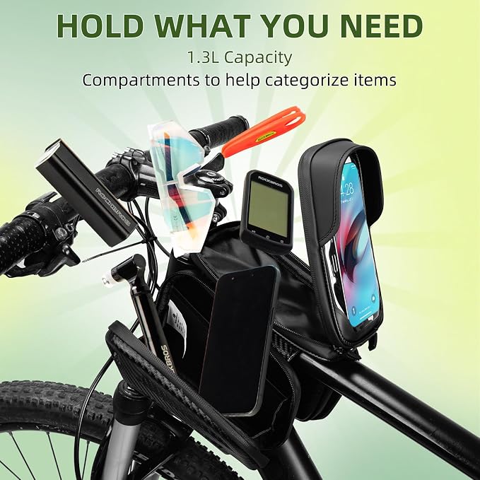 ROCKBROS Top Tube Bike Bag, Waterproof Bike Frame Bag, 1.3L Capacity Bike Phone Bag with Sun-Visor, TPU Sensitive Touch Screen Bicycle Phone Bag for Cell Phone Below 7.4”×4.2”
