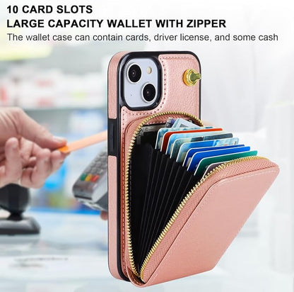 KIHUWEY Crossbody Wallet Case for iPhone 13 iPhone 14, Zipper Pocket Case with Card Holder, PU Leather RFID Protective Cover Case with Kickstand Detachable Wrist Strap Lanyard 6.1" (Rose Gold)