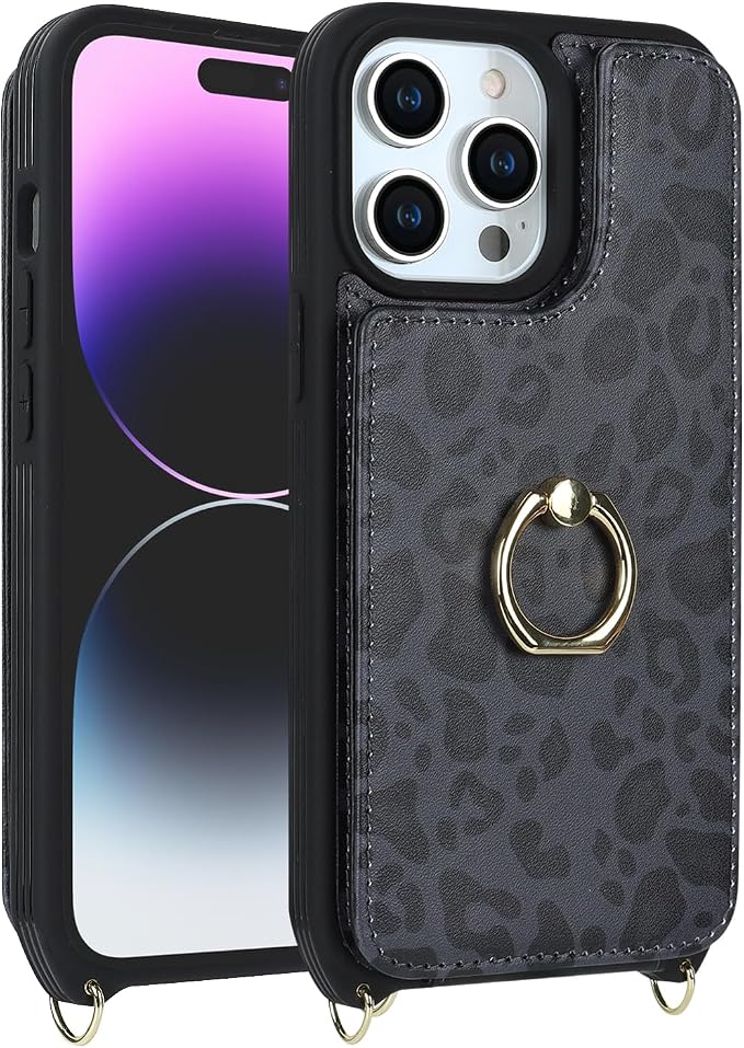 Lipvina for iPhone 14 Pro Max Case with Card Holder for Women,Phone Case with Strap,Crossbody Lanyard,RFID Blocking,Ring Stand,Snap Clasp,Cute Wallet Cases 6.7"(Black Leopard)