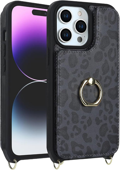 Lipvina for iPhone 14 Pro Max Case with Card Holder for Women,Phone Case with Strap,Crossbody Lanyard,RFID Blocking,Ring Stand,Snap Clasp,Cute Wallet Cases 6.7"(Black Leopard)