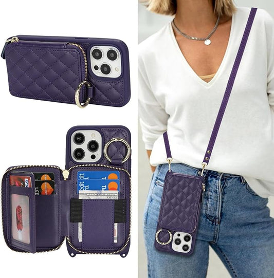 Crossbody Wallet Case for iPhone 14 Pro Max, PU Leather Zipper Handbag Purse Flip Cover, Kickstand Folio Case with Card Slots Holder Wrist Strap Lanyard 5G 6.7 Inch-Purple