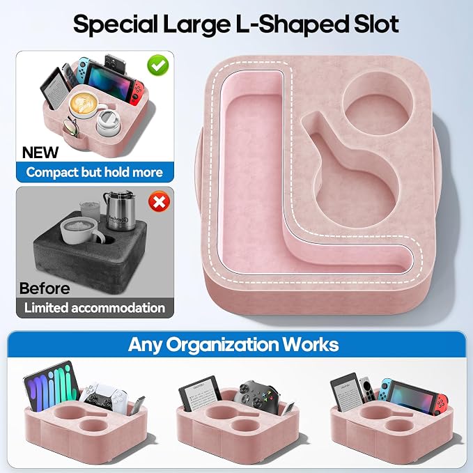 Couch Cup Holder Pillow, Sofa and Bed Caddy for iPad, Kindle, Switch, Game Controller, Remotes, Phones, Small-Sized Cup & Drink Holder for Couch, Bed, Desk, Car, Beach, Bathroom Cup Holder Pink