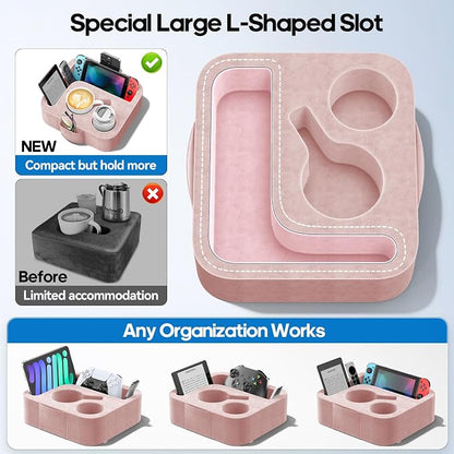 Couch Cup Holder Pillow, Sofa and Bed Caddy for iPad, Kindle, Switch, Game Controller, Remotes, Phones, Small-Sized Cup & Drink Holder for Couch, Bed, Desk, Car, Beach, Bathroom Cup Holder Pink