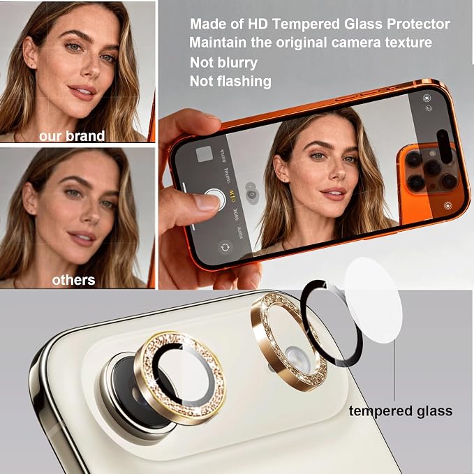 Compatible for iPhone Air Camera Lens Protector Bling, Cute Sparkle Glitter Camera Cover for Women, Individual Ring, Anti-Scratch 2 Pack Protectors for 17 Air (1 Rugular Use + 1 Extra), Light Gold