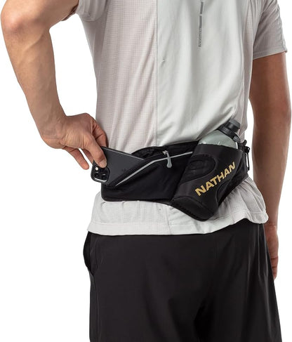 Nathan Peak Running Hydration Waist Pack Belt w/ Speed Draw Flask Water Bottle, 18oz/535 ml Push/Pull Race Cap, Expandable Zippered Stretch Pocket