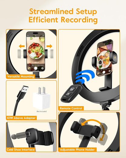 Ring Light with Stand for Desk,Adjustable Overhead Phone Mount with 10" Ring Light Tripod for iPhone,Phone Tripod with Light and Remote Phones Holder for Video Recording,Live Stream,Cooking Video