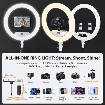 Ring Light 22inch Kit: Ring Light Tripod for iPhone ipad,with 75" Tripod/LCD Display/4 Phone Tablet Clips/2 USB Ports,LED RingLight for Barber Makeup Tattoo TikTok Video Recording Vlog (White)