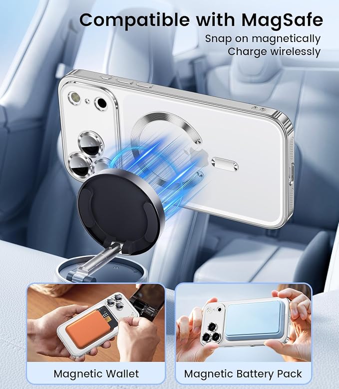 Slim Thin for iPhone 17 Pro Max Case Clear, Compatible with MagSafe, Built-in Camera Lens Protector, Non Yellowing Shockproof Protective Phone Case, Soft Electroplated Magnetic Cover, Sliver