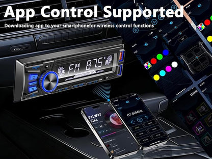 Car Radio Bluetooth Single DIN Car Stereo Audio,Car Audio with Push to Talk Button for Handsfree Calling,Supports FM/ MP3/EQ/SD/AUX,Dual USB,iOS & Android App Control,7 LED Colors | Not CD Player
