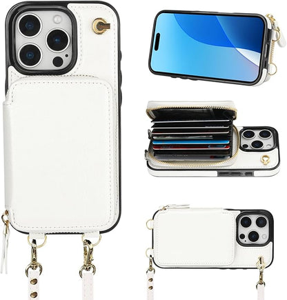 Bocasal Crossbody Wallet Case for iPhone 16 Pro, RFID Blocking Leather Purse Case with Card Holder, Protective Handbag Flip Cover with Zipper Wrist Strap Lanyard for Women 5G 6.3 Inch (White)