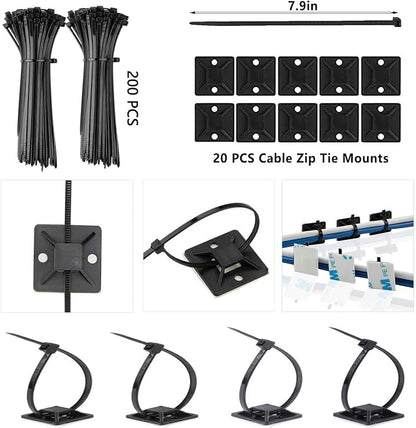 ELII 302PCS Cable Management Kit 4 Cable Sleeve,45Cable Clips | 11Cable Holders,22 Roll Cable Organizer Straps,200 Fastening Cable Ties,20 Cable Zip Tie Mounts, Computer, Under Desk