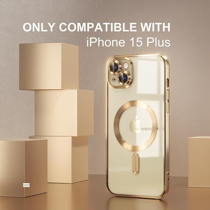 Misea Magnetic for iPhone 15 Plus Case Compatible with MagSafe [Never Yellowing] [Military Grade Drop Protection] Full Camera Lens Protector Plating Soft Clear Phone Case for Women, Gold