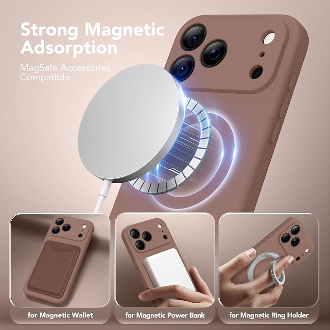 Magnetic for iPhone 17 Pro Max Case, Compatible with MagSafe, [Full Camera Protection][Screen Protector] Silicone Shockproof Protective Phone Case for iPhone 17 Pro Max 6.9", Brown