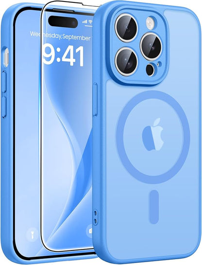 FNTCASE for iPhone 14 Pro Max Case, Fit for Magsafe, Glass Screen Protector | Full Camera Protection, Translucent Matte, 14FT Military Grade Drop Proof, Shockproof Protective Phone Cover, Ice Blue