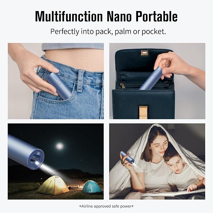 Portable Charger, 5000mAh Mini Power Bank, S03 2-Pack Pocket Size Fast Charging USB-C (in&Out), PowerNano, Compatible with iPhone Series, Android Phone and More Blue