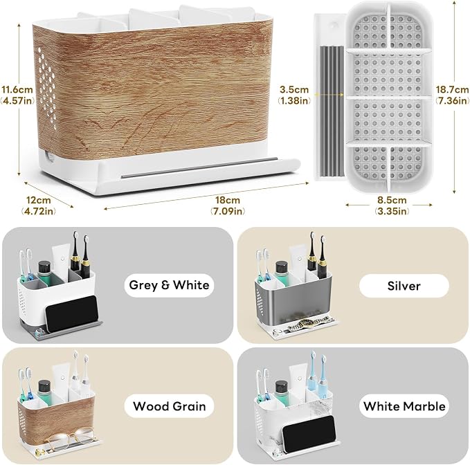 Bathroom Organizers and Storage 6 Slots Wood Grain Electric Toothbrush Holders with Phone Holder and Adjustable Dividers, Cord-Friendly Toothbrush Organizer with Drainage for Family, Kids