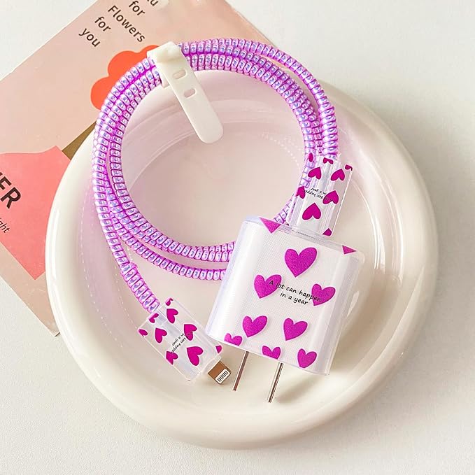 5in1 Simple Purple Heart Pattern TPU 20W Charger Cover for Genuine Apple 18W/20W USB-C Power Adapter, Exquisite Laser-Patterned Cable Protector for iPhone & MacBook Neo 13 Charging Cables