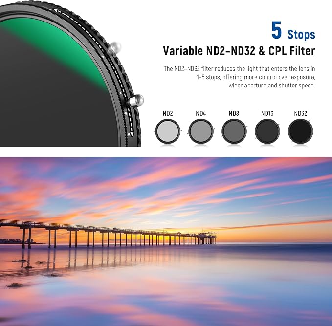 NEEWER 2 in 1 72mm Variable ND Filter ND2–ND32&CPL Filter(Circular Polarizer Filter) No X Cross/30 Layer Nano Coated/HD Optical Glass/Ultra Slim Aluminum Alloy Frame/Water Repellent/Scratch Resistant