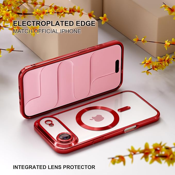 Misea Magnetic for iPhone 17 Air Case Compatible with MagSafe [Never Yellowing] [Military Grade Drop Protection] Full Camera Lens Protector Plating Soft Clear Phone Case for Women, Red