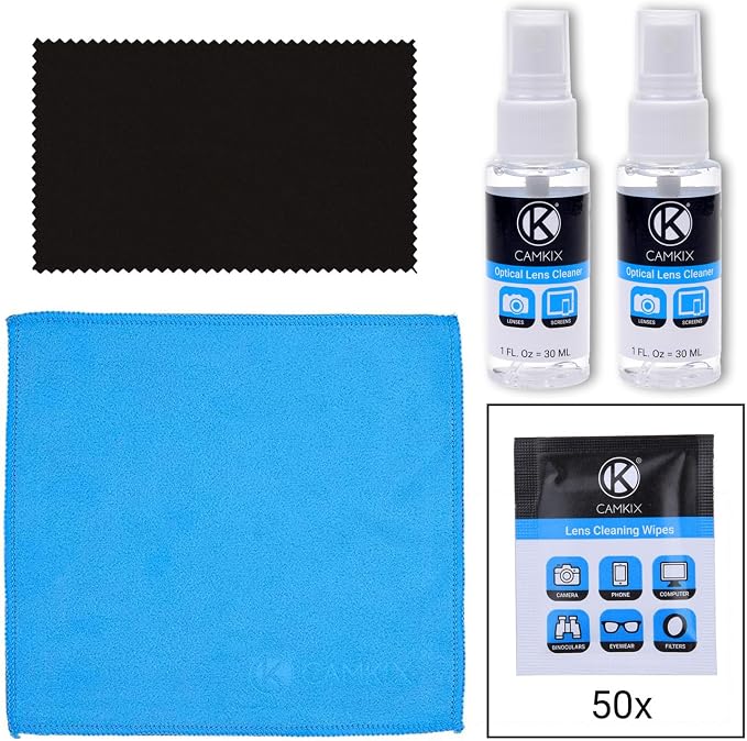 Lens and Screen Cleaning Kit - 2 Spray Bottles, 2 Microfiber Cloths (Size L + S), 50 Individually Wrapped Wet Tissues - for Eyeglasses, Sunglasses, Camera Lenses, Phone/Tablet Screens, etc.