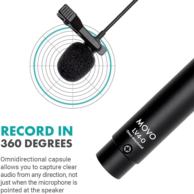 Movo LV4-O Phantom Power Omnidirectional XLR Lavalier Microphone with Metal Lapel Mic Clip and Windscreen - Great External Lav Mic for Filming, Podcast, Livestream, Interviews, or YouTube Recording