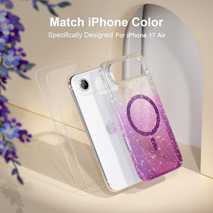 Choiche Magnetic for iPhone 17 Air Case Compatible with MagSafe, Women Cute Glitter Sparkly Phone Case with Diamond Camera Lens Protectors, Military-Grade Drop Protection 6.5" (Clear/Purple)
