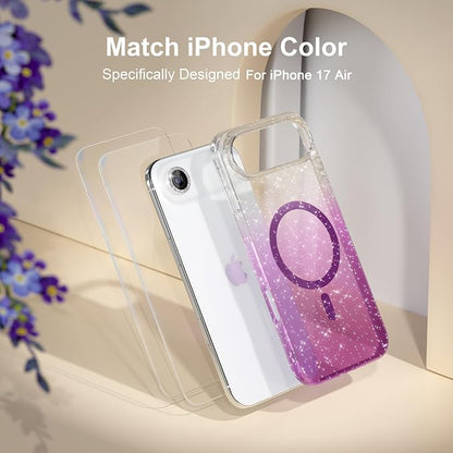 Choiche Magnetic for iPhone 17 Air Case Compatible with MagSafe, Women Cute Glitter Sparkly Phone Case with Diamond Camera Lens Protectors, Military-Grade Drop Protection 6.5" (Clear/Purple)