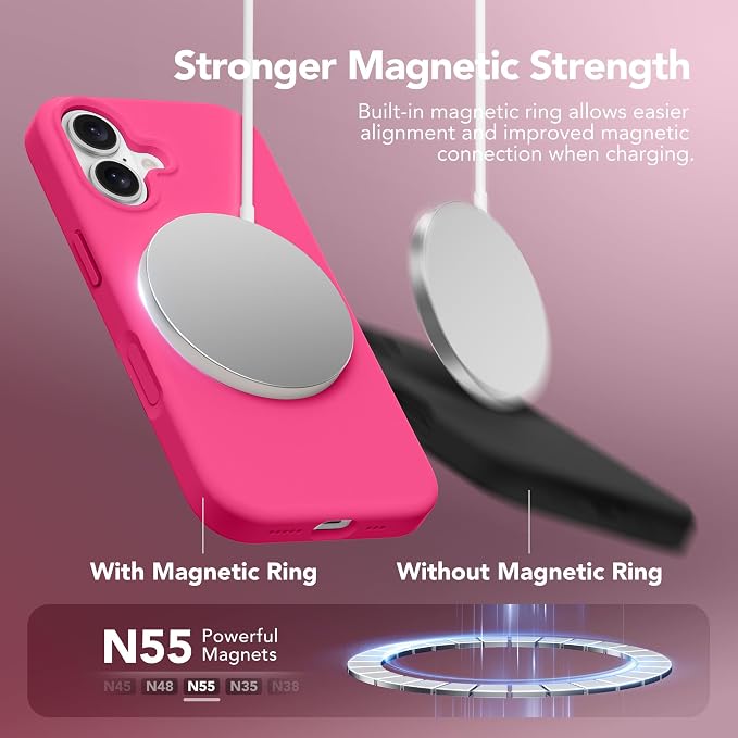GONEZ Magnetic for iPhone 16 Case, Compatible with MagSafe, [Screen Protector + Camera Lens Protector], Liquid Silicone Shockproof Protective Phone Case for iPhone 16 6.1", Hot Pink