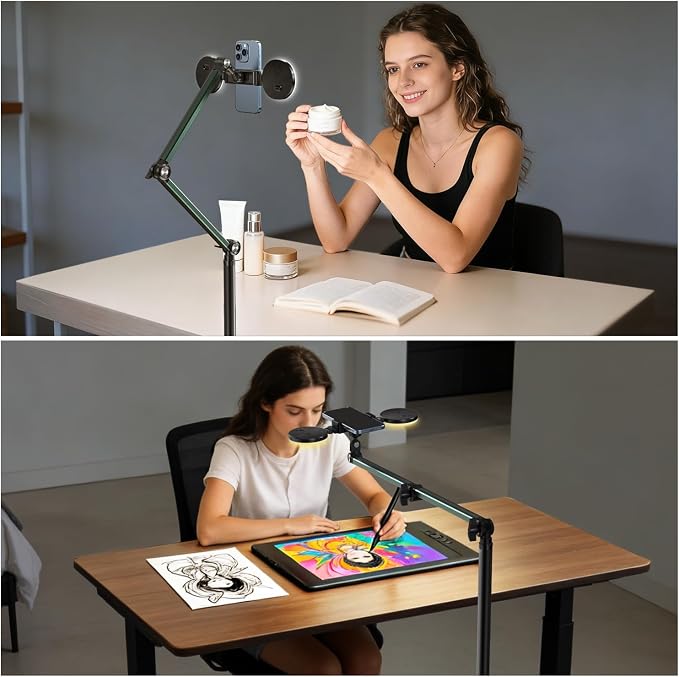 Overhead Phone Mount with Light, Cell Phone Stand for Video Recording, 360 Degrees Swivel Tilt Adjustable Floor Camera Filming Tripod. Content Creator Phone Holder, for iPhone/Android (L11)