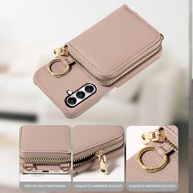 Wallet Case for Samsung Galaxy A35 5G with Shoulder Strap Ring Buckle, Luxury PU Leather Zipper Flip Organ Purse, Credit Card Holder Stand Cell Phone Cover for A 35 35A A355G Women Men Khaki