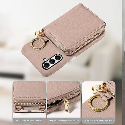 Wallet Case for Samsung Galaxy A24 4G/5G with Shoulder Strap Ring Buckle PU Leather Zipper Flip Organ Purse, Credit Card Holder Stand Full Body Cell Phone Cover for A 24 24A Lte Women Men Khaki
